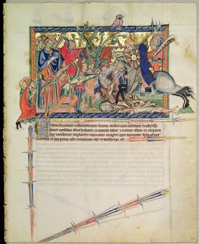 Ms L.A. 139-Lisboa fol.26 Eksterminanci obserwujący jeźdźców depczący dwóch świadków, z Apokalipsy Gulbenkian, c.1265-70 autorstwa English School